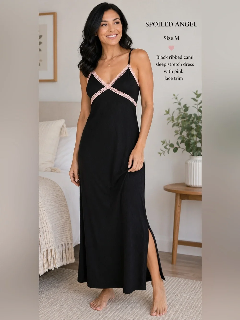 Spoiled Angel Y2K Inspired Black Ribbed Pink Lace Trim Cami Sleep Dress Nightgow